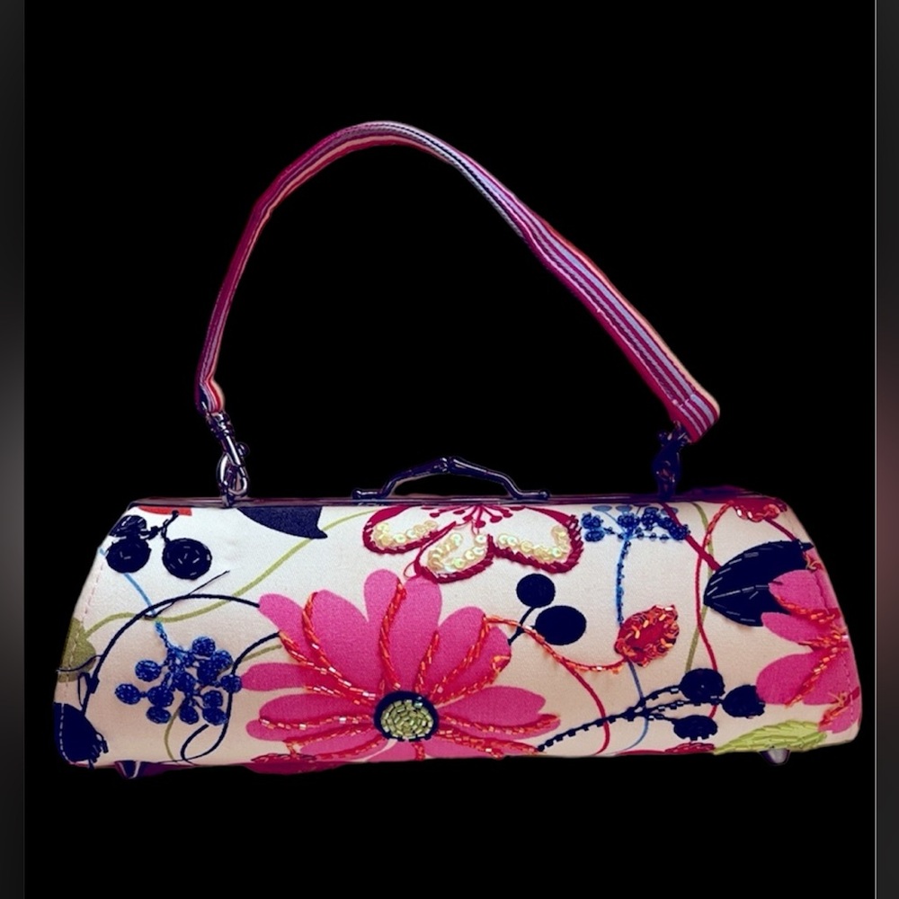 VINTAGE FarNine Barrel Bag, Beaded, Embroidery Floral, Pink, Black, Green